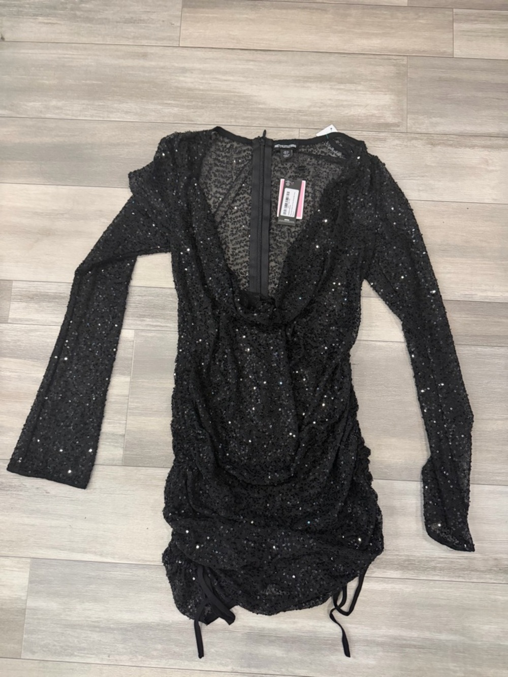 PrettyLittleThing Black Sequin Long Sleeve Ruched Mini Dress